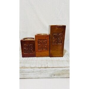 Set of 3 Brown Ceramic Pillar Tea Light Holders | Leaf Design, Graduated Sizes